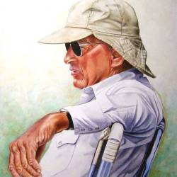 An acrylic portrait of retriever trainer Rex Carr.